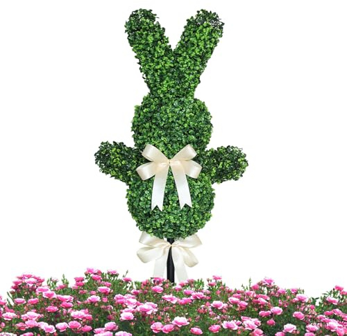 Topiaria a forma di coniglio, 80 cm, pianta pasquale di bosso | Topiaria di bosso con picchetto | per portico, giardino, patio, prato, cortile, casa, posto di lavoro