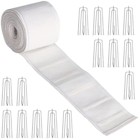 Ruban Fronceur Rideau Kit - Crée Plis Pincés Professionnels, Bande 6 Mètres + 15 Crochets, Largeur 7cm, Tissu Résistant - pour Draperies Salon & Chambre