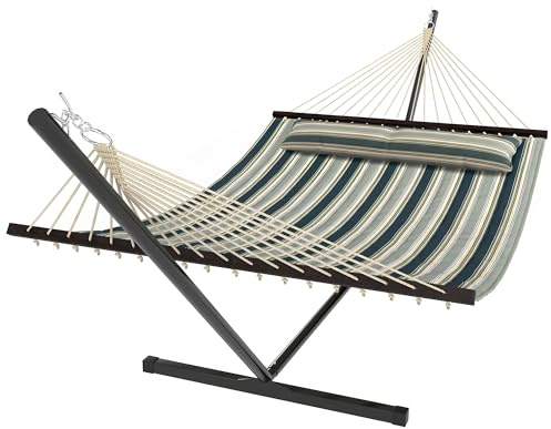 Outsunny Hamaca con Soporte, Hamaca de Jardín Portátil con Almohada Desmontable, Barras Separadoras, Marco de Acero, Carga 120 kg, para Patio, Terraza, Diseño Rayas, 353x94x115 cm, Verde