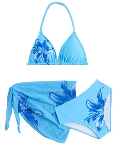 Awinclo Girls 3 Piece Swimsuits Floral High Waisted Bikini Bathing Suit with Mesh Coverups Skirt