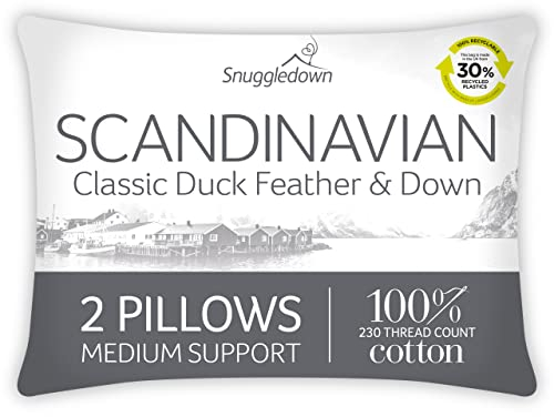 Snuggledown Duck Feather & Down Pillows 2 Pack - 85:15 Ethically Sourced Fill for Back & Side Sleepers | Medium Support, Soft Cotton Cover, Non-Allergenic & UK-Made (48 × 74cm)