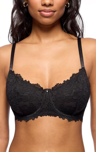 Jenny Jen Emma Underwire Lace Bra, Unpadded Sheer Lingerie for Women, Perfect Everyday Balconette Demi Bra (32C, Jet Black)