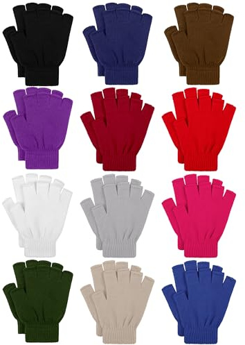 Cooraby 12 Pairs Winter Half Finger Gloves Flexibly Stretchy Knit Fingerless Gloves for Typing Texting
