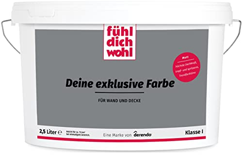derendo Fühl Dich Wohl Deine Farbe grau, matte Wandfarbe grau, hohe Deckkraft, verschiedene Grautöne zur Auswahl (2,5L, Asphaltgrau)