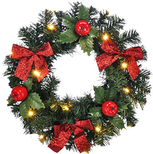 bonsport Weihnachtskranz für Tür beleuchtet - Türkranz mit LED Beleuchtung | Tannenkranz Türdeko Weihnachten ⌀ 28 cm