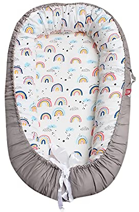 SONARIN Babynest babynestchen 100% Baumwolle,multifunktionales Kuschelnest für Babys,hypoallergen, mit Kissen, tragbar,Nestchen Reisebett für Babys und Säuglinge(Regenbogen-Rosa)