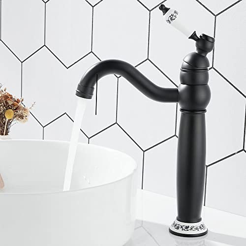Bathroom Basin Mixer Tap, High Rise Tap for Countertop Basin, Brass, Black | Victorian Style, Tall Traditional Bathroom Sink Faucet with Ceramic Lever, 360° Swivel Spout, Flexible Tails