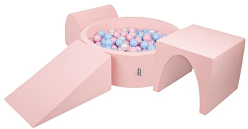 KiddyMoon Spielplatz Aus Schaumstoff Mit Rund Bällebad (200 Bälle) Ballgruben Für Babys Spielbad Hindernisläufen, Hergestellt In Der EU, Pink:Babyblue/Puderrosa/Perle