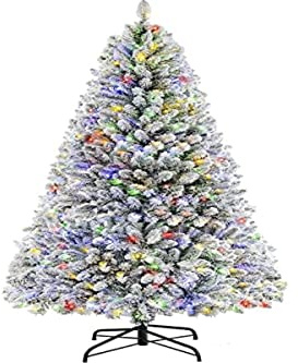 SHareconn 180cm Vorbeleuchteter Künstlicher Schneebeflockter Weihnachtsbaum mit Scharnieren und 470 Warmweißen/Mehrfarbigen Lichtern, Faltbarer Metallständer für Weihnachtsdekoration im Heimbüro