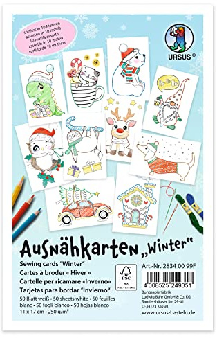 Ursus 28340099F - Ausnähkarten für Kinder, 50 weiße Stickkarten mit 10 vorgedruckten Winter-Motiven, ca. 11 x 17 cm groß, zum Aussticken und Ausmalen