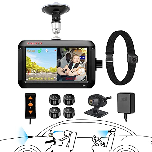 VSYSTO Baby Auto SpiegelHD 1080P WiFi 4 '' IPS Bildschirm Baby Auto Camrea mit Temperatursensor Infrarot-Nachtsichtkamera Reifendruck-Monitor-Sensoren GPS (Zwei Verschiedene 1080P-Kameras)