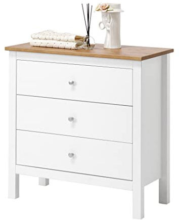 hagge home Skandinavisch Holz Kommode mit 3 Schubladen Sideboard Kommoden Sideboards Kommodenschrank Chest of Drawers Wohnzimmer Schrank Schlafzimmer Flur 75x37x75 cm Schmal Kleine Braun Weiß