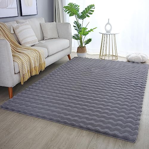 Carpetsale24 Teppich 120x170 cm Grau, Flauschiger Teppich in Felloptik mit Hoch-Tief Struktur & Bubble-Design, Super Weich, Plüschig, Ideal für Wohnzimmer & Schlafzimmer