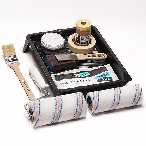 Set rullo per pittura ideale per imbiancare pareti e soffitti. Completo di vaschetta, pennello, nastro, telo e tanto altro. Kit completo 12pz per decorare e dipingere, professionale Made in Italy