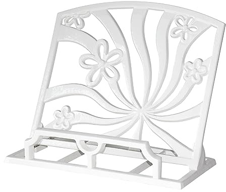 MINLUFUL Elegant Cookbook Stand Cast Iron, Kitchen Decorative Metal Recipe Book Holder for Bible, Prayer Book Stand, Magazine, Textbooks, Vintage Cookbook Stand for Kitchen Counter, White