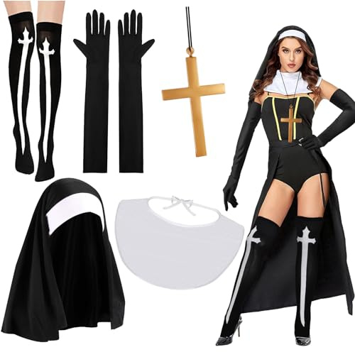 XEPST 5 STÜCK Nonnen Kostüm Für Frauen-Nonnen Outfit Zubehör Nonnen Kopfschmuck Nonnen Kragen Handschuhe Kreuz Anhänger Halskette Kniestrümpfe Halloween Kostüme für Frauen Cosplay Karneval Kostüm