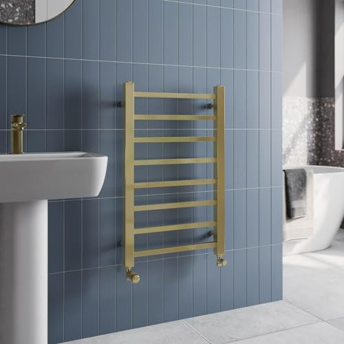 Solaro® 800 x 500mm Square Bar Straight Heated Towel Rail Radiator Modern Central Heating Bathroom Warmer Wall Mounted Ladder Rad, Brushed Brass