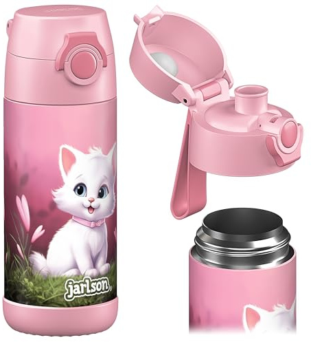 Jarlson® Gourde Enfant CHARLI [350ml] - Bouteille Isotherme Anti Fuite sans Paille pour Garçons & Filles - Sans BPA & Phthalates - Gourde Inox pour École, Maternelle & Sport (Chat 2.0)
