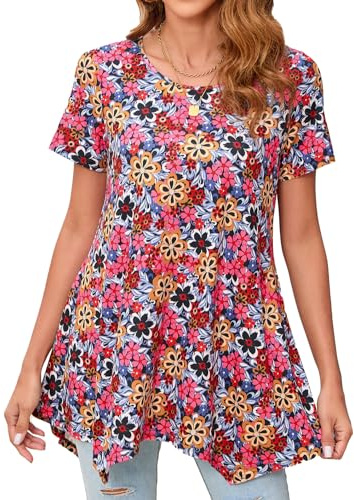 Enmain tunika toppar för kvinnor kortärmad vardaglig dam tunika blommigt tryckt långblusar t-shirt rund hals stretch bekväm S-3XL, F- Färgglada blommor, 3XL