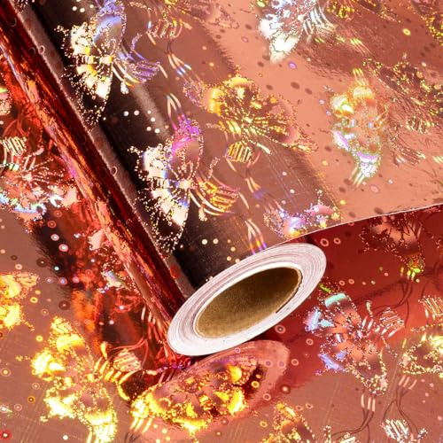 Merture Geschenkpapierrolle, holografisches Geschenkpapier, Schmetterlings-Geschenkpapier für Hochzeit, Geburtstag, Weihnachten, Muttertag, Brautparty, 43,2 x 100,2 m, metallisches Rotgold