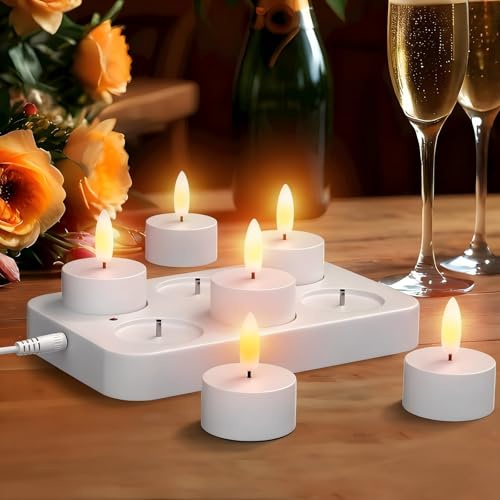 EXTSUD Lot de 6 Bougie LED Rechargeable Bougie Chauffe-plat LED Électrique Flamme Vacillante avec Station de Charge, Décoration pour Noël Anniversaire Mariage Table Restaurant Hôtel