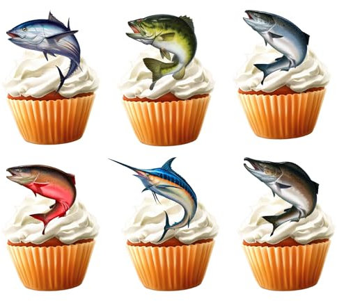 Bijeoda 18pcs Fishing Glitter Cupcake Toppers for Boys Men Father's Birthday, Gone Fishing Party Supplies Decorations