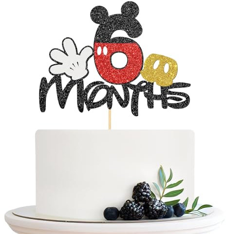 Halodete Mickey 6 Months Cake Topper, Mouse Half Year Old Cake Topper, Baby Shower, Half Birthday Party Cake Decorations Black Glitter