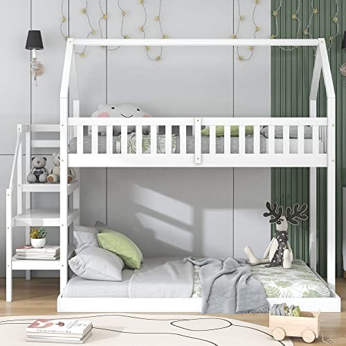 Hochbett Bodenbett fur Kinder, Hausbett Kinderbett mit Speicherung Treppe, 90x200cm Kinderbetten Funktionsbett Etagenbett Stockbett Kinderhochbett Jugendbett mit Lattenrost und Rausfallschutz, Weiß