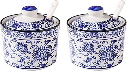 Barattoli di spezie, contenitore for condimenti, barattoli di spezie, zuccheriera cinese in porcellana bianca e blu con coperchio, zuccheriera in porcellana con cucchiaio, piccola pentola di sale, vas