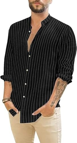 Runcati Chemise en lin pour homme - Chemise d'été à manches longues - Rayée - Chemise de loisirs - Chemise en coton - Coupe droite - Chemise de plage, Noir , L