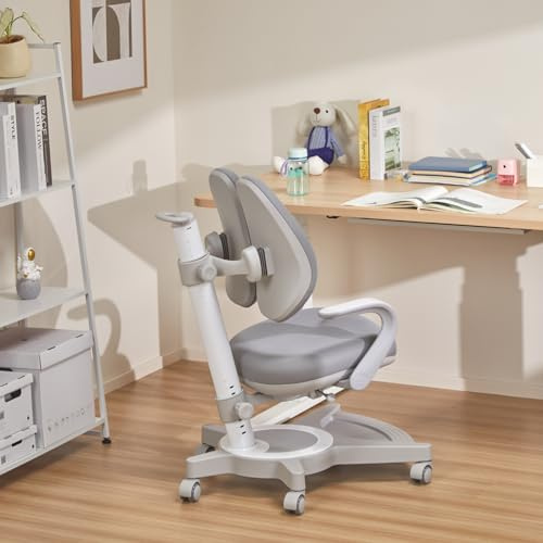 [en.casa] Partille barn kontorsstol på hjul barn snurrstol justerbar höjd ergonomisk barnstol som växer med barnet 99x55x76 cm grå