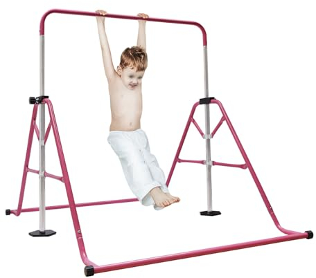 Vielrosse Gymnastik Turnreck, Höhenverstellbare Reckstange für Kinder, Klappbar Horizontale Training Bar für den Innenbereich Turntrainingsgeräte für Zuhause und Fitnessstudio (Rosa)