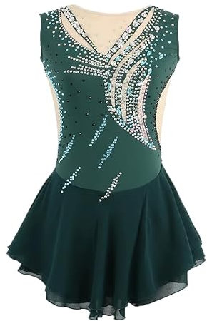 Ärmellose Eiskunstlauf Trainingskleidung Für Mädchen Rollschuhkleid Elastischer Outdoor Gymnastik Trikot Rock Für Eislauf Tanz Performance Für Teenager,Grün,L