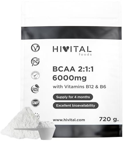 BCAA 2:1:1 6000 mg pour 4 mois de traitement. 720 grammes d'Acides Aminés Essentiels et de Vitamines B12 et B6, 100% Végétalien, en Poudre et Sans Saveur. Fabriqué en Europe par HIVITAL