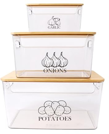 ZoeQide Kartoffel und Zwiebel Aufbewahrungsbox 3er Set Acryl mit Holzdeckel