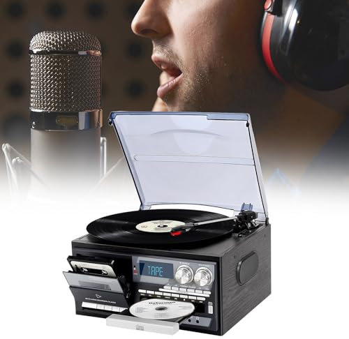 QFGain Record Player Turntable with CD, FM Radio, U Disk, SD Card Support, Belt-Driven, Automatic Back Arm - Multimedia Vinyl Players, Portable Phonograph, Built-In Stereo Speakers,Black