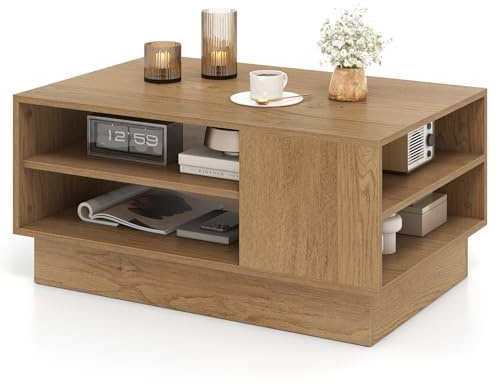 COSTWAY Mesa de Centro Moderna, Mesa Rectangular con 2 Estantes Abiertos, Mesa Auxiliar para Salon, Sala de Recepción, Sala de Espera, 86 x 56 x 41 cm (Natural)