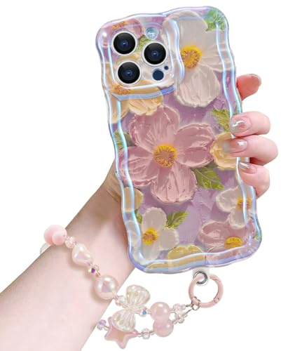 EYZUTAK Case for iPhone 14 Pro, Colorful Oil Painting Flower Case with Bracelet Chain Curly Wave Edge Exquisite Phone Cover Stylish Durable TPU Protective Cover Phone Charm for Girls Women-Pink