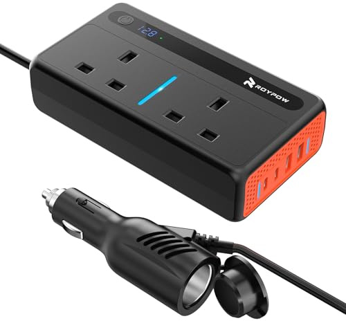 RoyPow Power Inverter DC 12V to AC 240V, 300W Car Voltage Converter Transformer with 3-Pin Sockets & 4-USB Ports for Charging Phones, Laptop, Tablets, GPS Units, TV, Camping Equipment