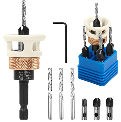 4Pcs Countersink Drill Bit Set with Low Friction Depth Stop, Bits Tapered Head 2.8/3.2/3.5/4.0 Drill+3/8” 82° Counter-Bore, 1/4” Hex Shank, Wood Plug Cutter for DIY Door Window Cabine