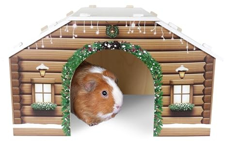 Rosewood Cupid & Comet Winter Cabin Hideaway for Small Animals – Cosy Pet House for Guinea Pigs and Small Rabbits, Made From Plywood, Easy to Assemble, Sleep and Shelter