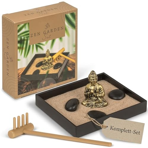 MIJOMA Mini Zen-Garten mit Buddha-Figur – Achtsamkeits-Deko für Schreibtisch und Wohnraum – Schale mit Sand, Steinen und Harke