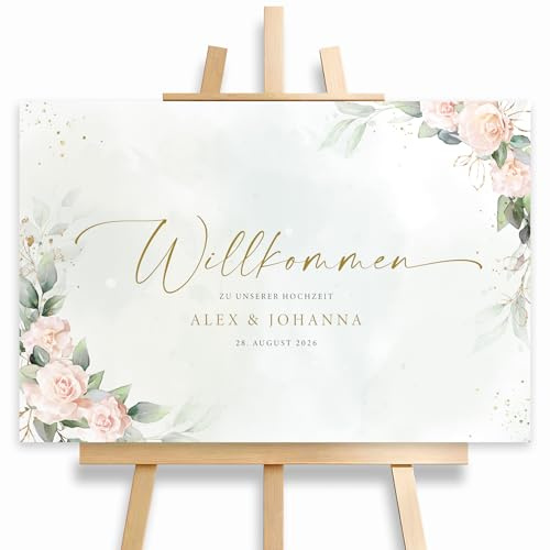 HEI Print Willkommensschild Hochzeit Eucalyptus mit Rosen, mit Datum und Namen, personalisierte Hochzeitsdeko, Willkommen Schild, rot, Leinwand, 60x40