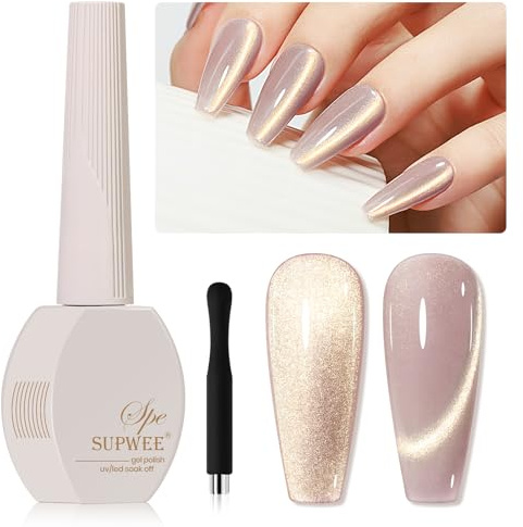 SUPWEE Cat Eye Gel Polish Gold Glitter Velvet Magnetic Gel with Magnet | Soak Off Nude Pink Holographic Cat Eye Effect Varnish Nail Art Manicure Salon DIY Home