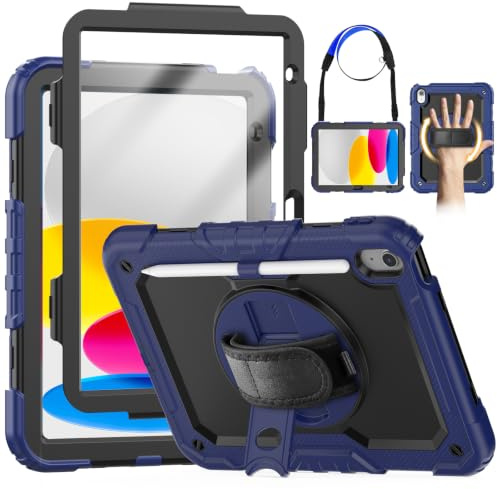 SEYMCY for iPad (A16) 11th/10th Generation Case 11/10.9 Inch 2025/2022 | Full-body Shockproof with Screen Protector, 360° Rotating Stand & Hand Strap, Shoulder Strap, Pencil Holder, Navy Blue