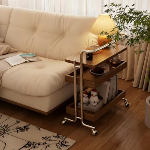 CycleCrew Solid Wood Rolling End Table Cart with Adjustable Storage - 3-Tier Stainless Steel Fame Side Table on Wheels Narrow Bedside Storage Table Small Bar Serving Cart for Living Room