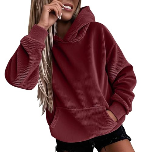 Générique Femme Sweat À Capuche en Velours Côtelé Manches Longues Col Rond avec Poches Top Shirt Sport Ample Doux Légères Confortable Haut Automne Et Hiver (Wine, XXL)