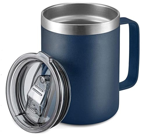 Senshuomy Thermal Mug, Insulated Mug with Handle and Sliding & Straw Lid, Leakproof Reusable Double Walled Vacuum Stainless Steel Travel Camping Coffee Cup,Dishwasher Safe (Blue/16oz)