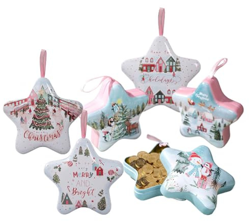 6 barattoli di latta natalizi con cordino | Scatole vuote per candele di Natale | Piccoli barattoli di latta per candele | Contenitori vuoti a forma di stella per riempire calze di Natale artigianato