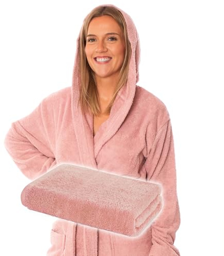 Lavea® Set Sauna Accappatoio Uomo e Donna con Asciugamano Doccia Grande 80x200 cm – Asciugamani Bagno in Spugna 100% Cotone, Morbidi e Assorbenti, Cappuccio e Cintura, OEKO-TEX® – Rosa Antico